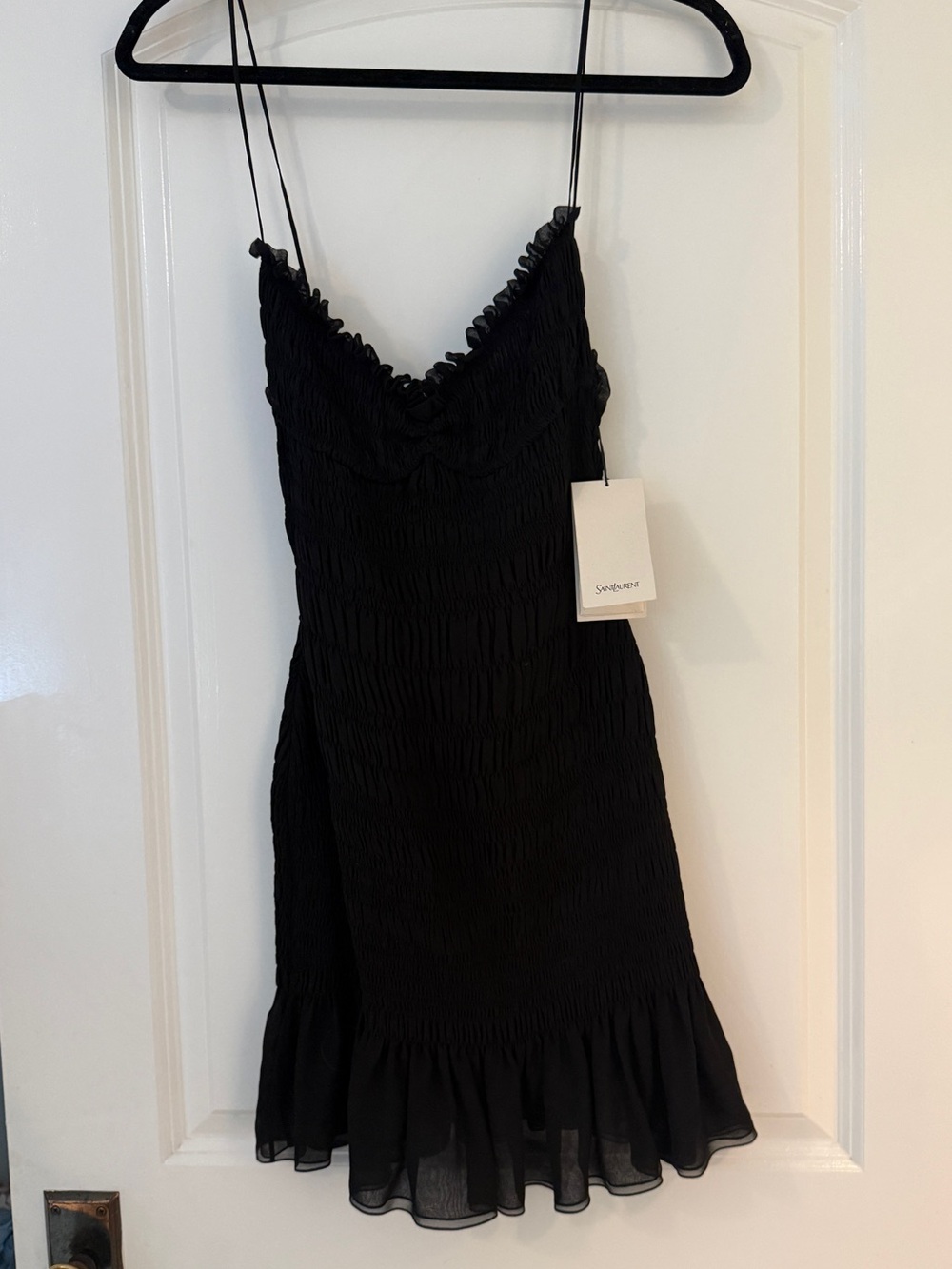 YSL Black Ruffle Hem Smocked Slip Dress